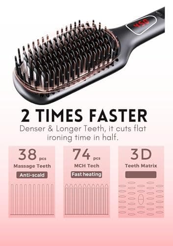 MEGAWISE Pro Ceramic Ionic Hair Straightener with Brush | 20s Fast Heating Tech | Auto-Off Safety | Anti-Scald | Dual Vo