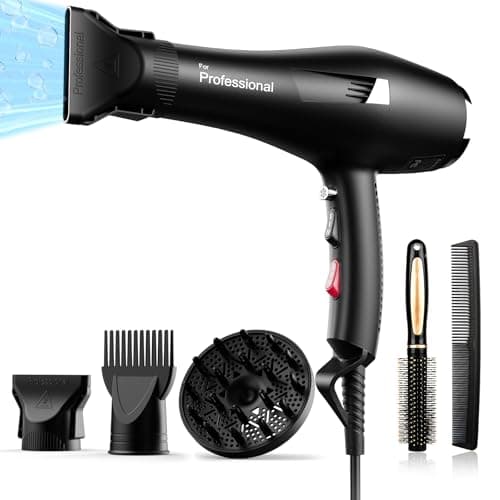 Professional Ionic Hair Dryer with Diffuser, Comb, Nozzle, Concentrator, 2 Speed, 3 Heat Settings, Cool Button, White