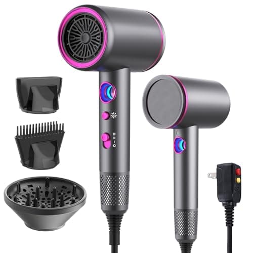 Professional 1875 Watt Ionic Hair Dryer with Diffuser/Nozzle, LED Temp Display (Black)