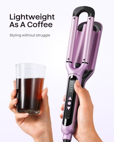 WavyTalk Beachy Waver Curling Iron, 3 Barrel Ceramic Wand, Adjustable Temp, Easy Waves, Dual Voltage, Pink