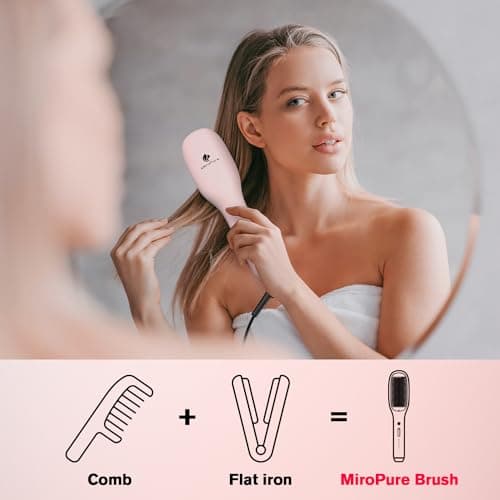 MiroPure Ceramic Hair Straightener Brush, Pink, 10.3" x 2.3", 5 Heat Settings, 30s Heat Up