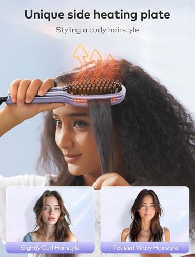 Ionic Ceramic Hair Straightener Brush, Anti-Frizz 2-in-1 Straightener/Curler with Clamp Holder (Purple)