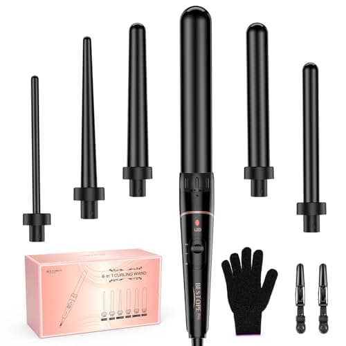 BESTOPE PRO 6-in-1 Long Barrel Curling Wand Set - Ceramic, 0.35"-1.25" Barrels, Black