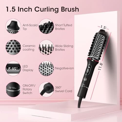 Negative Ion Thermal Brush, 1.5" Curl, Straighten & Volumize, 6 Temp Settings, Fast Heating, Dual Voltage