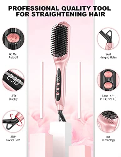LANDOT Ceramic Straightener Brush: Negative Ion Electric Heater for Smooth & Frizz-Free Hair - Dual Voltage Fast Heating