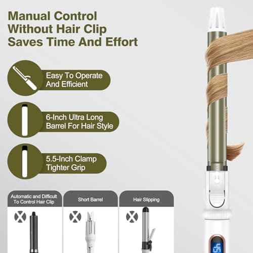 1 Inch Dual Voltage Hair Curler - Effortless Waves, Auto Shut-Off, Long Barrel Wand (White)