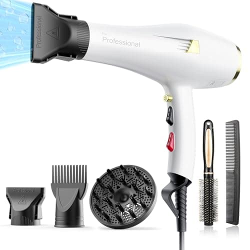 Professional Ionic Hair Dryer with Diffuser, Comb, Nozzle, Concentrator, 2 Speed, 3 Heat Settings, Cool Button, White
