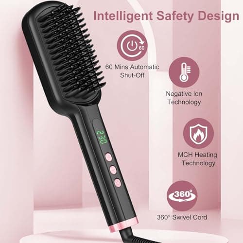 Siquer Ionic Hair Straightener Brush, 13 Temperatures LCD, Fast Heat, Auto-Off, Ceramic, Black