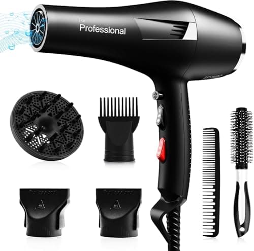 Ionic Salon Professional Blow Dryer, Fast & Quiet AC Motor, 2 Speed, 3 Heat Settings, Cool Shot, with Diffuser & Nozzle-