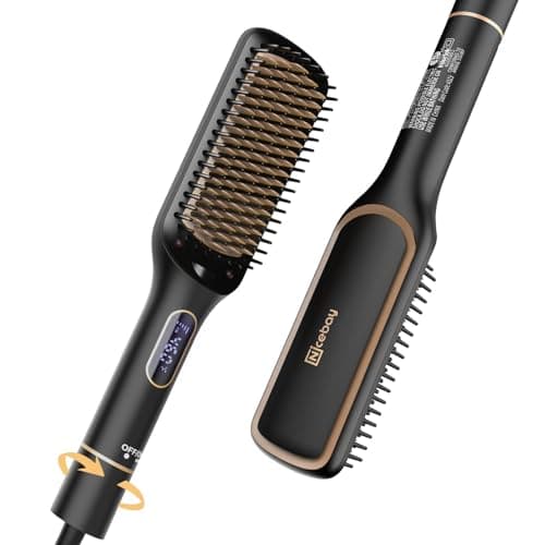 Nicebay Rotatable Hair Straightener Brush, 6 Temp Settings, LED Display, Auto-Off, Black & Gold