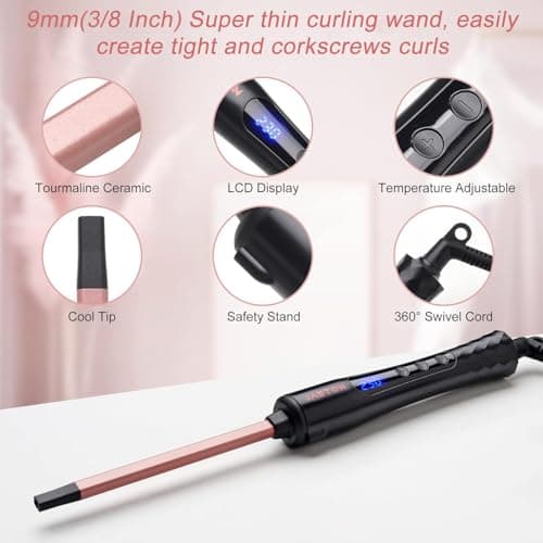 Professional Ceramic 9mm Thin Hair Curling Wand, 3/8 Inch for All Hair Types, Includes Heat Resistant Glove