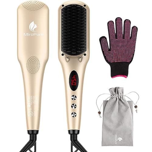 MiroPure 2-in-1 Ionic Ceramic Straightener Brush, Anti-Scald, Auto Temperature Lock & Off (Black)