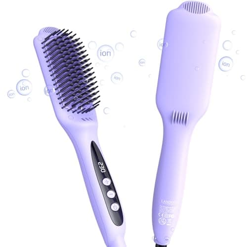 LANDOT Ceramic Straightener Brush: Negative Ion Electric Heater for Smooth & Frizz-Free Hair - Dual Voltage Fast Heating