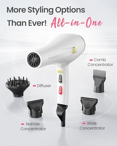 Professional Ionic Hair Dryer with Diffuser, Comb, Nozzle, Concentrator, 2 Speed, 3 Heat Settings, Cool Button, White