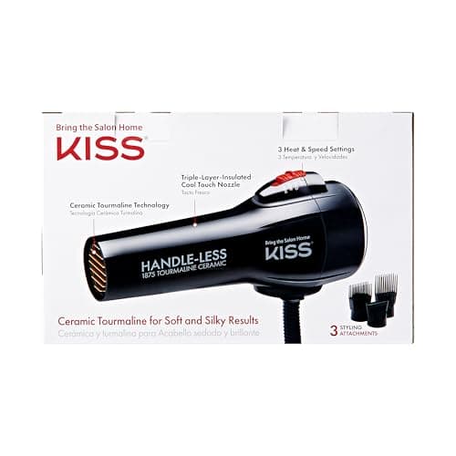 KISS Ceramic Tourmaline Hair Dryer, Cool Touch Nozzle, 450°F, 3 Styling Attachments