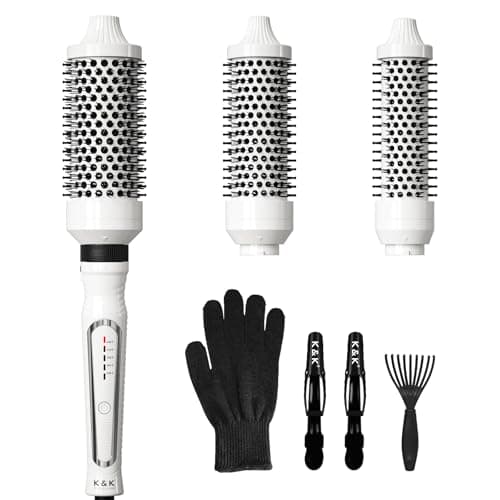 K&K 3-in-1 Thermal Brush Set: Ceramic Hot Brush & Curling Wand for All Hair Types