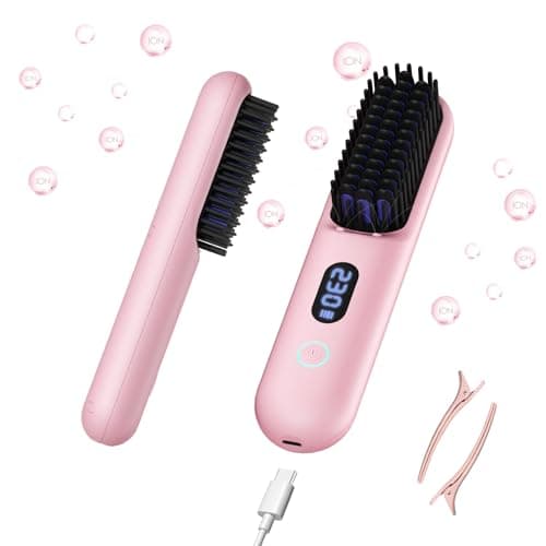 Cordless Hair Straightener Brush - 9 Temp Settings, 9600mAh Battery, Mini Comb (Metallic Grey)