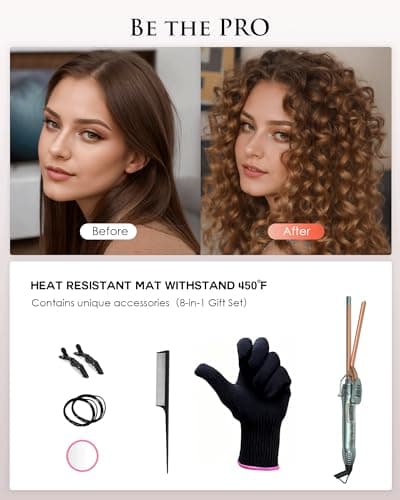 9mm Ceramic Curling Iron for Medium & Long Hair with Adjustable Temp & Heat Glove