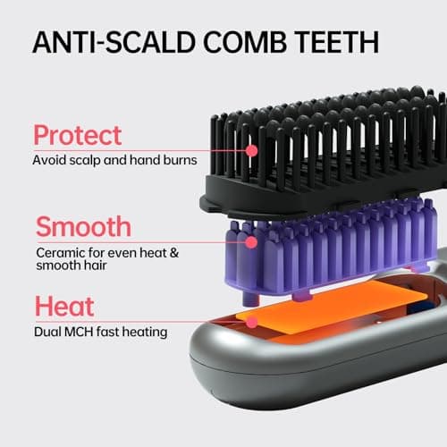 Cordless Hair Straightener Brush - 9 Temp Settings, 9600mAh Battery, Mini Comb (Metallic Grey)