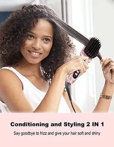 LANDOT Ceramic Straightener Brush: Negative Ion Electric Heater for Smooth & Frizz-Free Hair - Dual Voltage Fast Heating