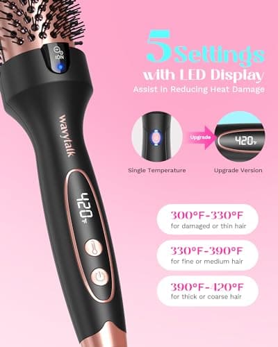 WavyTalk 1.5" Heated Round Brush for Smooth Blowout, 5 Temp Settings, Dual Voltage