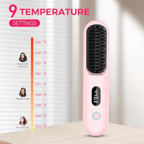 Portable Ionic Hot Comb with 9 Temp Settings, Rechargeable Straightening Brush, Gifts for Women