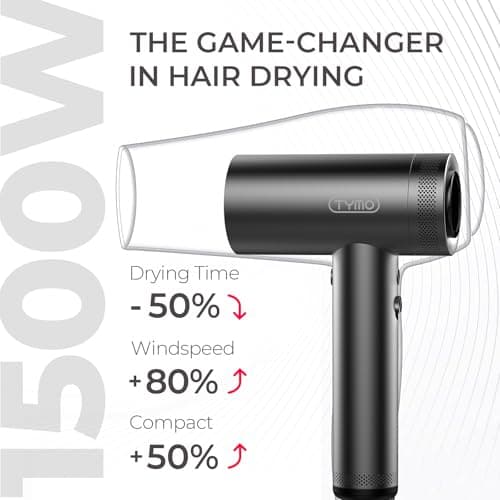 TYMO Professional Hair Dryer with Diffuser - 1500W High Speed Dry, 4 Temps & 3 Speeds, 8 Ft Cord, Metal Gray
