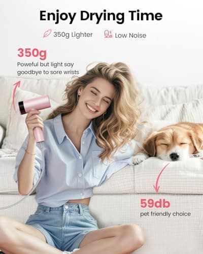 110,000 RPM Ionic Pink Hair Dryer, Lightweight and Quiet for Men and Women