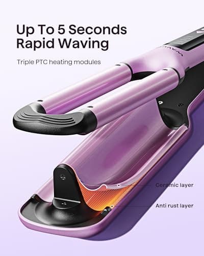 WavyTalk Beachy Waver Curling Iron, 3 Barrel Ceramic Wand, Adjustable Temp, Easy Waves, Dual Voltage, Pink