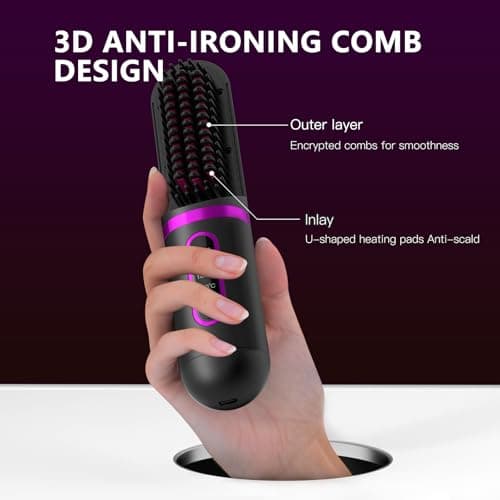 Black Portable Cordless Straightening Brush with LCD Display & Clips