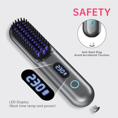Cordless Hair Straightener Brush - 9 Temp Settings, 9600mAh Battery, Mini Comb (Metallic Grey)