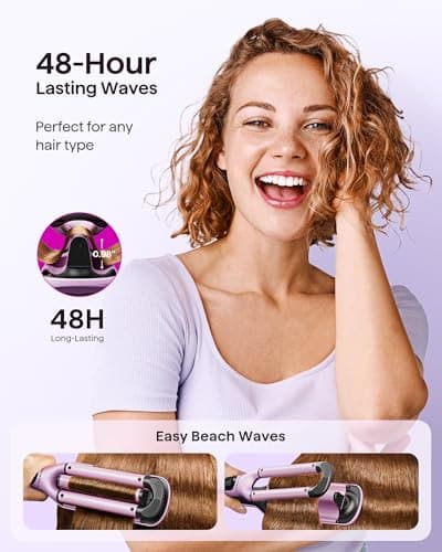 WavyTalk Beachy Waver Curling Iron, 3 Barrel Ceramic Wand, Adjustable Temp, Easy Waves, Dual Voltage, Pink