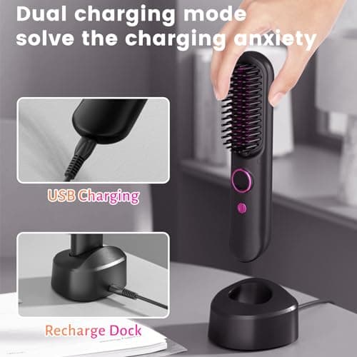 Biupky Cordless Hair Straightener Brush with 50M Negative Ions & LED Display