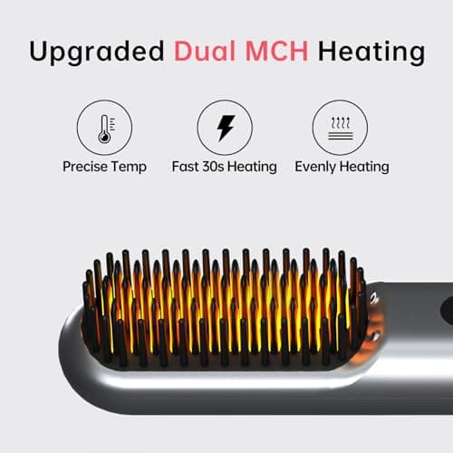 Cordless Hair Straightener Brush - 9 Temp Settings, 9600mAh Battery, Mini Comb (Metallic Grey)