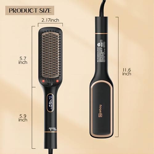 Nicebay Rotatable Hair Straightener Brush, 6 Temp Settings, LED Display, Auto-Off, Black & Gold