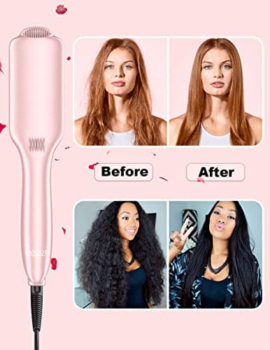 LANDOT Ceramic Straightener Brush: Negative Ion Electric Heater for Smooth & Frizz-Free Hair - Dual Voltage Fast Heating