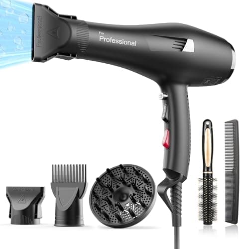 Professional Ionic Hair Dryer with Diffuser, Comb, Nozzle, Concentrator, 2 Speed, 3 Heat Settings, Cool Button, White