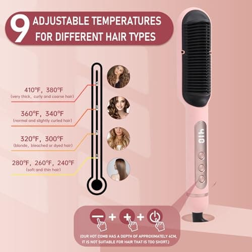 Negative Ionic Pink Hair Straightener Brush, 9 Temp Settings, LED Display