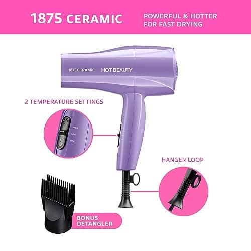 1875 Ceramic Hair Dryer, Fast & Powerful Drying, Multi-Setting, Detangler Included (Purple)
