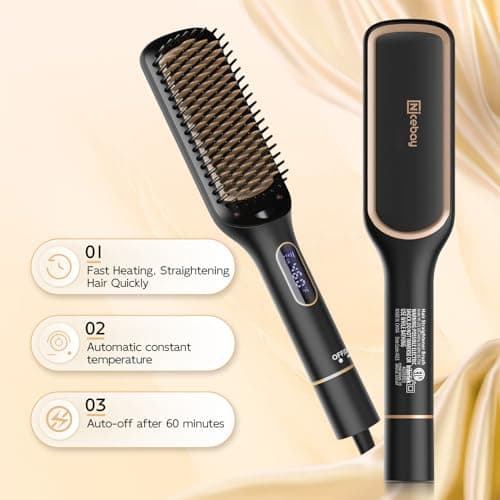 Nicebay Rotatable Hair Straightener Brush, 6 Temp Settings, LED Display, Auto-Off, Black & Gold