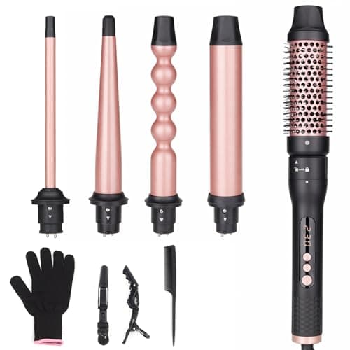 5-in-1 Curling Iron Set with Thermal Brush & 4 Ceramic Wand Sizes 0.5"-1.25", Fast Heating, Dual Voltage, Includes Glove