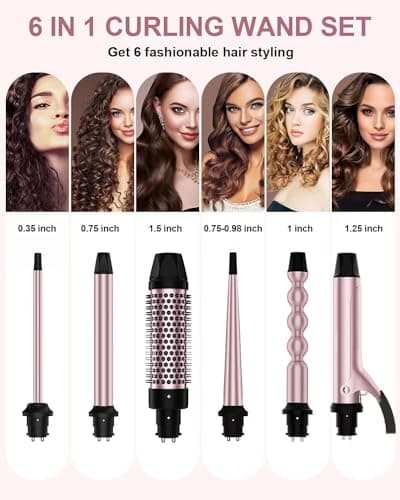 6 in 1 Curling Iron Set: 1.5in Wand, 1in Bubble Wand, 3 Ceramic Barrels, Instant Heat & Gloves (0.35"-1.25")