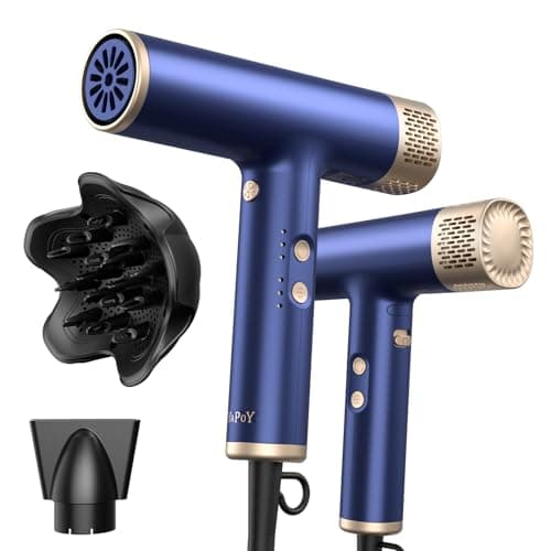 YAPOY Professional Ionic Hair Dryer with Diffuser Fast Drying Low Heat Damage Thermo-Control Silver