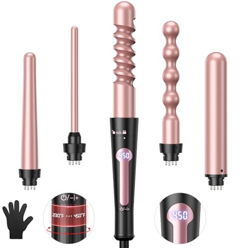 5-in-1 Curling Iron Set, Instant Heat, 12 Temp Settings (Pink)