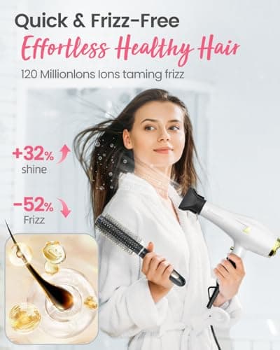 Professional Ionic Hair Dryer with Diffuser, Comb, Nozzle, Concentrator, 2 Speed, 3 Heat Settings, Cool Button, White