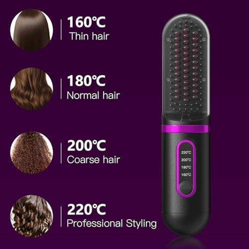 Black Portable Cordless Straightening Brush with LCD Display & Clips