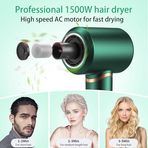 High-Speed Brushless 110000 RPM Negative Ionic Hair Dryer - Fast, Quiet, 3 Heat Speeds, Cold Air, Green