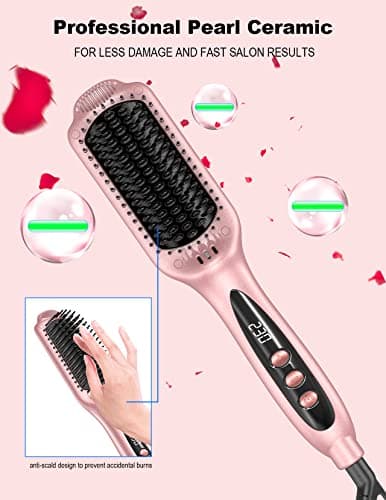 LANDOT Ceramic Straightener Brush: Negative Ion Electric Heater for Smooth & Frizz-Free Hair - Dual Voltage Fast Heating