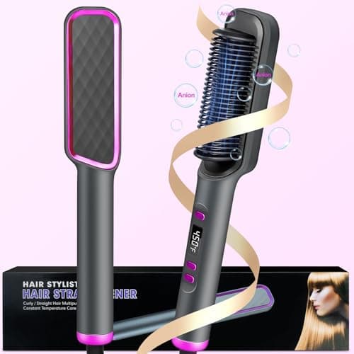 10s Fast Heating LCD Display Flat Iron Brush, 5 Temps, Anti-Scald, Negative Ions