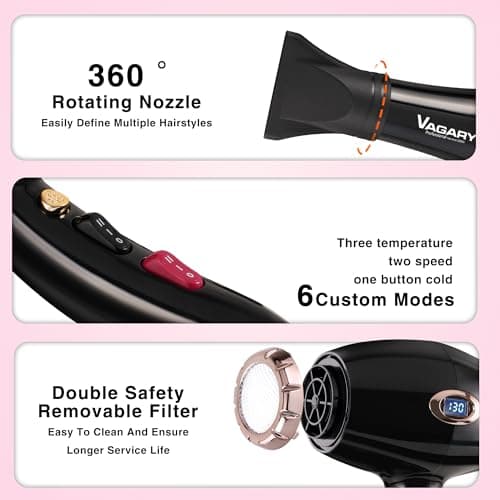 VAGARY Professional 2200W Blower Dryer with Diffuser Nozzles & Cool Shot Button
